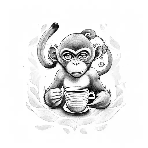Cartoon Little Monkey Holding A Cup Of Tea