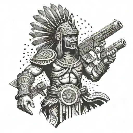 Aztec Warrior Wielding Guns In Battle