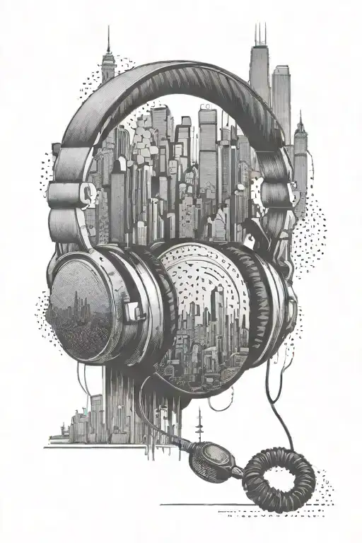 A Chicago Skyline Silhouette With Headphones And Speakers Integrated Into The Design