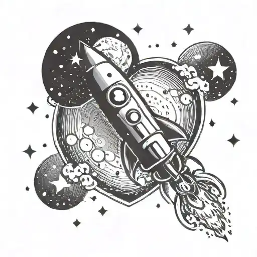 A Cosmic Scene Of A Rocket Ship Flying Towards A Heart-shaped Moon
