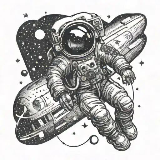 A Detailed Dotwork Tattoo Of A Cosmonaut Floating In Space With A Rocketship In The Background
