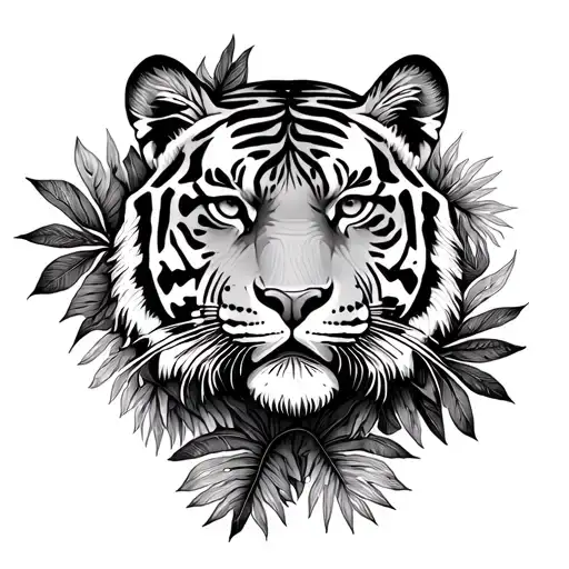 Tiger Head Surrounded By Tropical Leaves