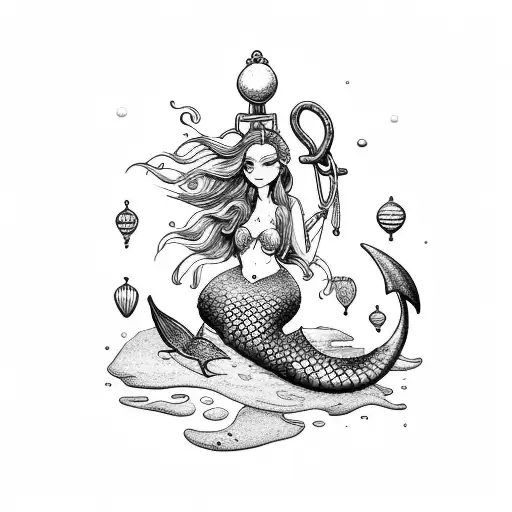 A Mermaid Sitting On An Anchor And Holding A Pearl