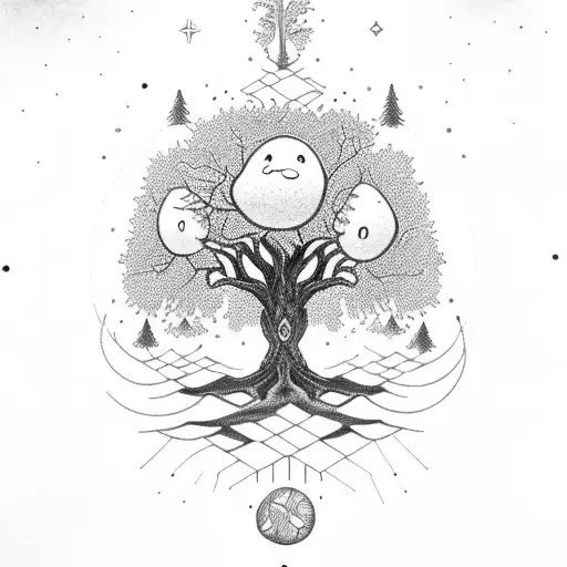 World Tree Yggdrasil With Glowing Fruits And Little Ghosts