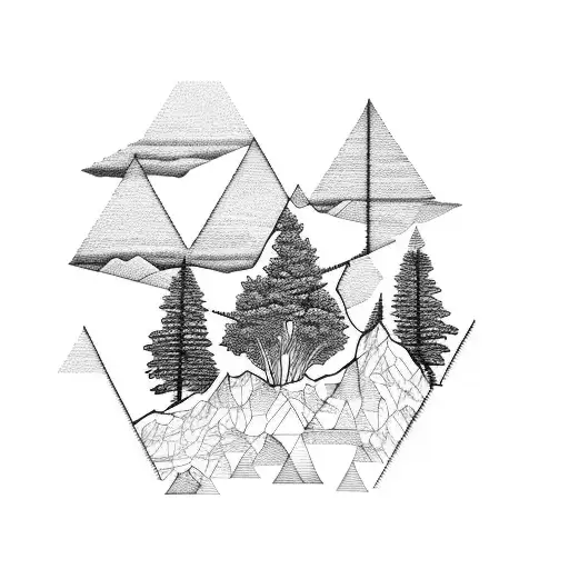 Mountain Scene With Trees Inside Rhombus Shape
