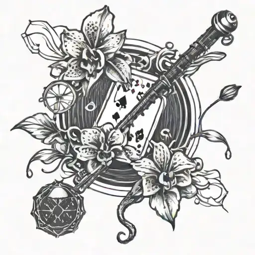 A Dotwork Tattoo Of A Poker Hand Holding A Fishing Rod With Orchids Scattered Around The Design