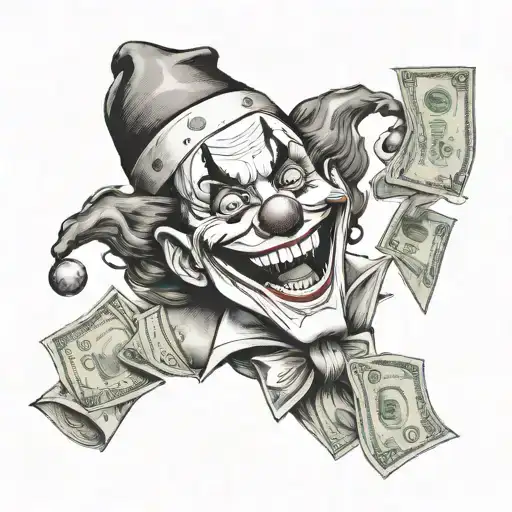 A Dotwork Tattoo Of A Laughing Joker Juggling Bags Of Money With A Mischievous Grin