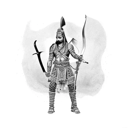 Full Body Of Indian Warrior With Bow And Sword