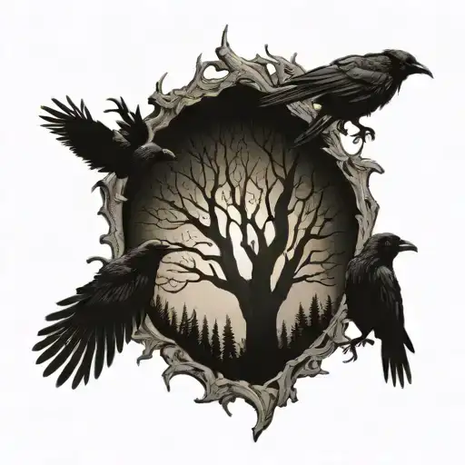 A Mystical Forest Scene With Crows Flying Overhead And Hidden Nordic Runes Within The Tree Bark