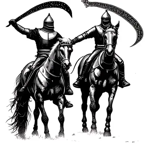 Knights Saluting One Another On Horse Back But Charging At Each Other Lithographic Style