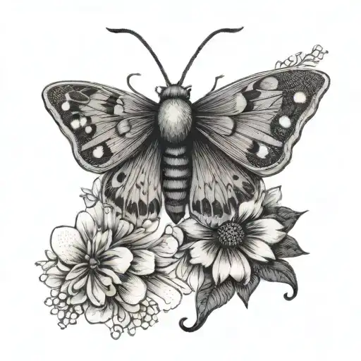 A Delicate Dotwork Tattoo Of A Moth And Flower In A Subtle And Elegant Design
