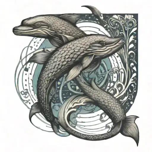 Electric Eel Weaving Through A School Of Dolphins In A Stylized Ocean Setting