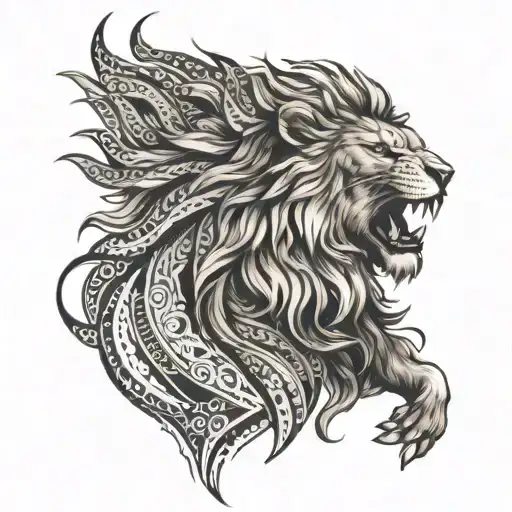 A Fierce Lion Roaring With A Tribal Mane Flowing Into Tribal Patterns On The Arm