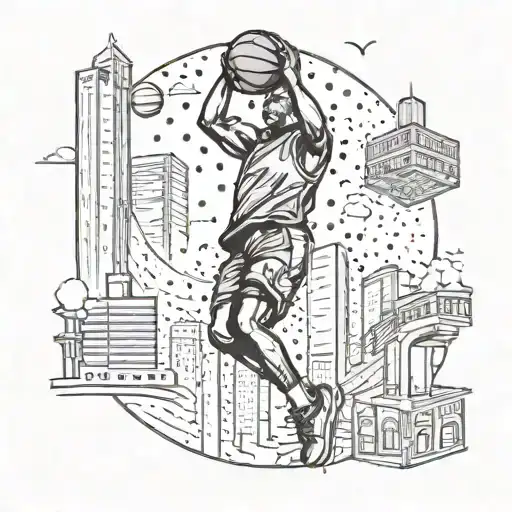 A Basketball Player Shooting Hoops On A Skyline Of Skyscrapers With Money Raining Down