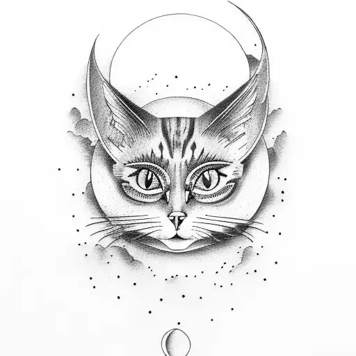 Cat With Moon Behind And Bat Wings