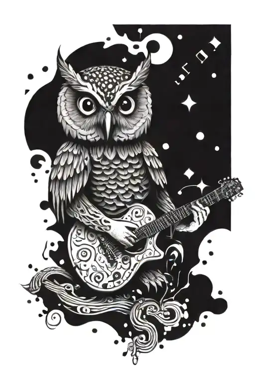 An Owl Playing A Guitar Surrounded By Musical Notes