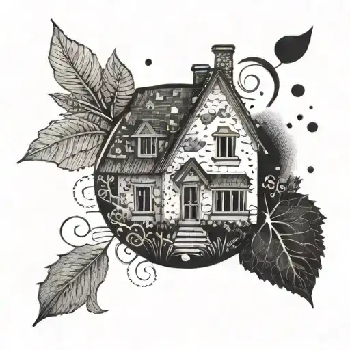 A Peaceful Landscape With A House In The Background Surrounded By Symbols Of Love And Peace