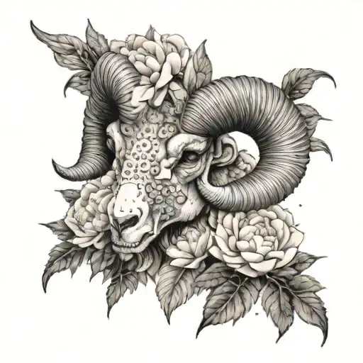 Aries Ram Skull Surrounded By Peonies In A Dotwork Style
