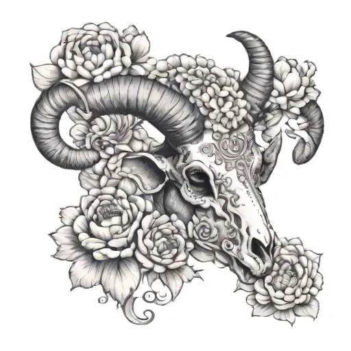 Aries Ram Skull Surrounded By Peonies In A Dotwork Style