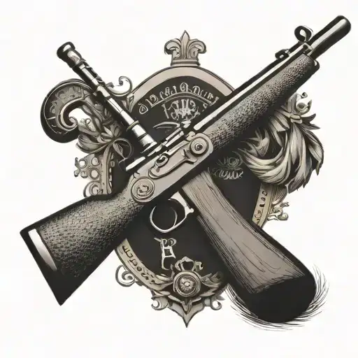 A Vintage Hunting Rifle And Golf Club Crossed Over Each Other With A Family Crest In The Background