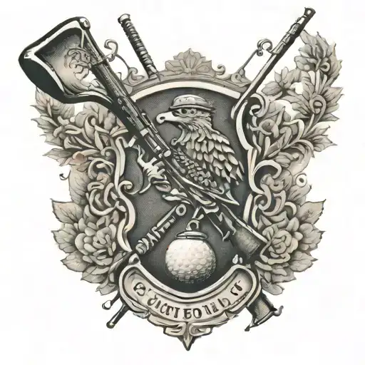A Hunting Rifle And Golf Club Crossed Over Each Other With A Family Crest In The Background