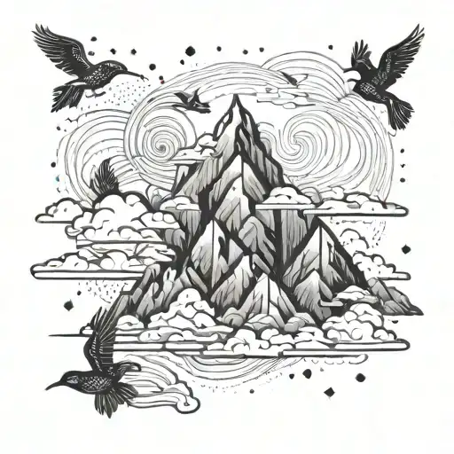 An Abstract Representation Of A Mountain Landscape With Swirling Clouds And Birds Flying Overhead