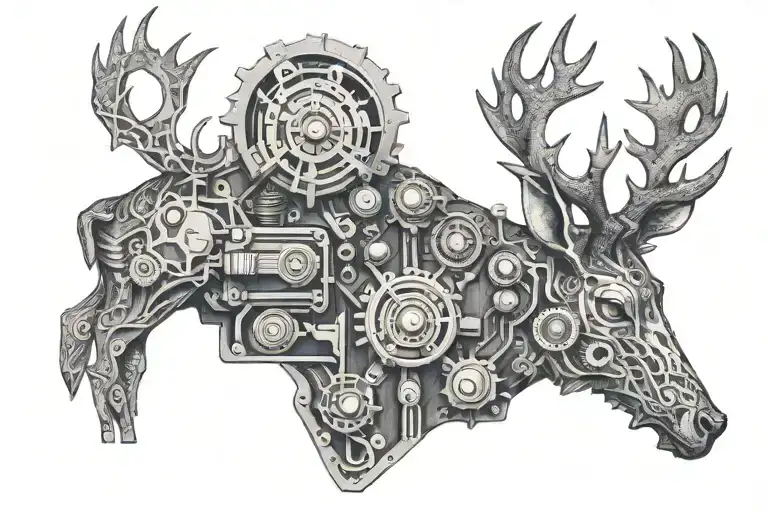A Diesel Motor Engine Intertwined With Intricate Welding Patterns Deer And Mountains In Background