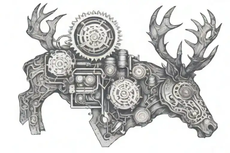 A Diesel Motor Engine Intertwined With Intricate Welding Patterns Deer And Mountains In Background