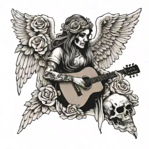 An Angel Playing A Guitar With A Skull Halo And Rose Wings