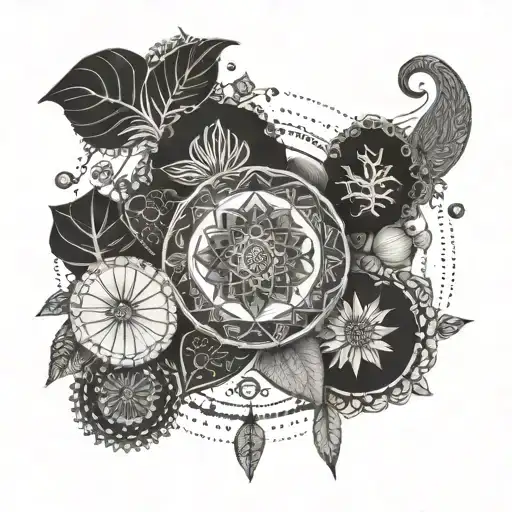 An Intricate Mandala Incorporating Symbols Of Travel And Vegan Foods