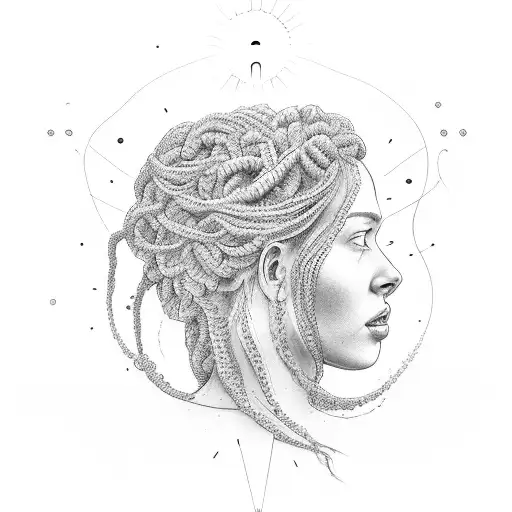 Sculpture Of A Braided-haired Woman With The Sun Behind Her And Her Face Visible In Profile