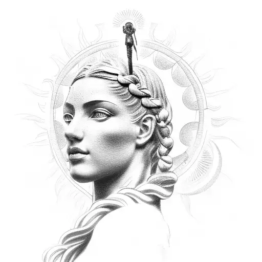 Greek Woman Statue With Braided Hair Holding Sun In Her Hand And Seen From Profile