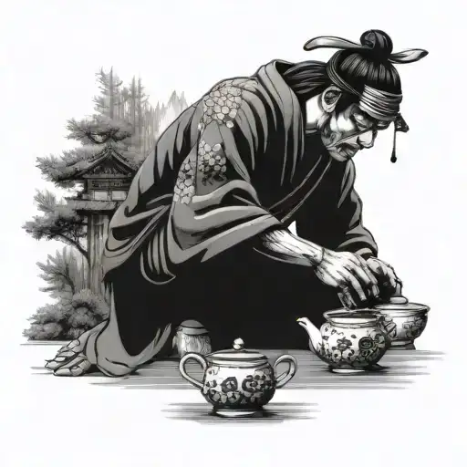 Samurai Warrior Performing A Traditional Tea Ceremony In A Forest Setting