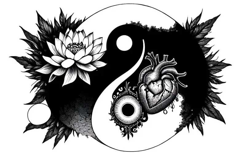 Yin Yang With A White Lotus And Ahuman Heart And A Cpu
