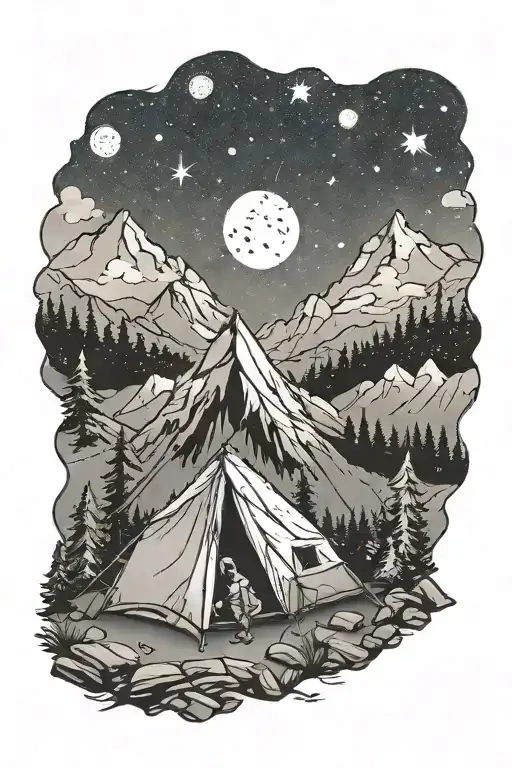 A Camping Scene With A Tent Pitched In The Mountains Under A Starry Night Sky