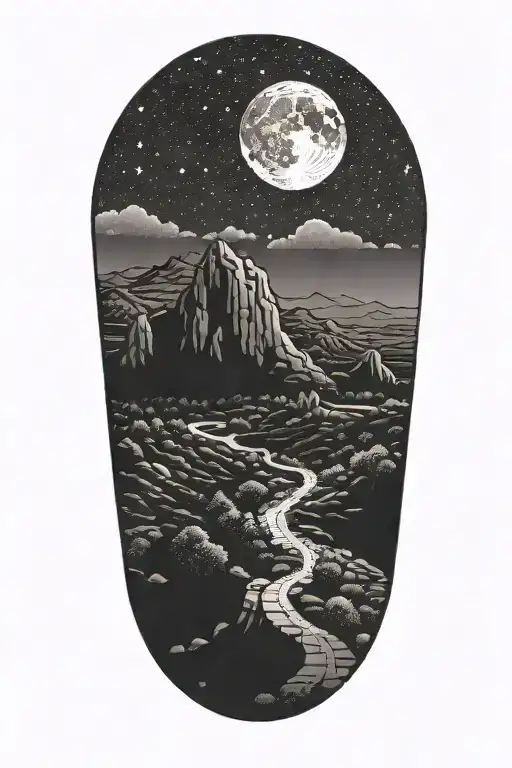 A Dotwork Tattoo Of A Hiking Trail Winding Through Ancient Greek Ruins Under A Starlit Sky