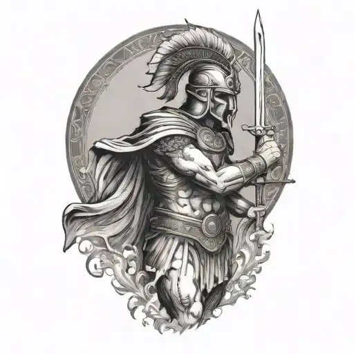 An Ancient Greek Warrior Standing Battle Ready With Flames Around His Lower Body