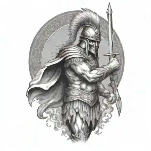 An Ancient Greek Warrior Standing Battle Ready With Flames Around His Lower Body