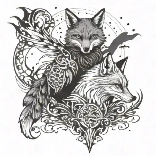 Design A Tattoo Featuring A Fox And Raven Engaged In A Mystical Battle Inspired By Fantasy Themes