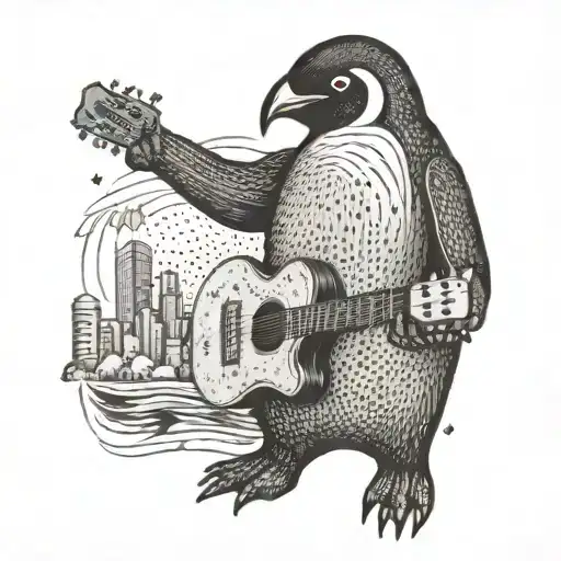 A Penguin Playing A Guitar While Traveling The World