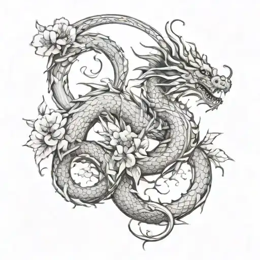 Create A Design Featuring A Dragon Intertwined With A Sakura Tree In A Dotwork Style