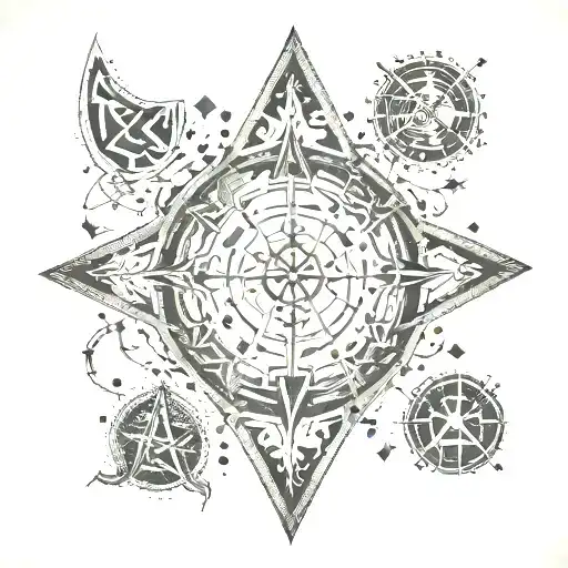 Mystical Symbols And Runes In Dotwork Style In A Straight Line Like Marks On An Old Mage