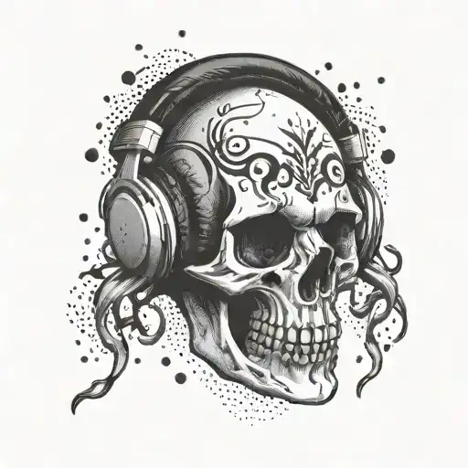 A Skull Wearing Headphones With Music Notes Flowing Out Of Its Ears