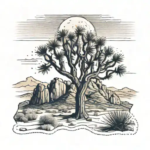 A Serene Desert Scene With A Lone Joshua Tree Standing Against A Backdrop Of Rocky Cliffs