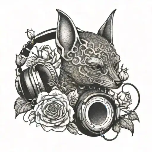 A Dotwork Tattoo Of A Bat With Headphones Listening To Music Among A Garden Of Roses