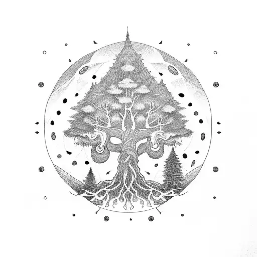 World Tree Yggdrasil With Glowing Fruits And Little Ghosts