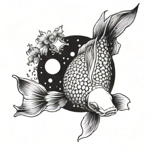 A Koi Fish Swimming Among Jellyfish Under A Sun And Moon Sky