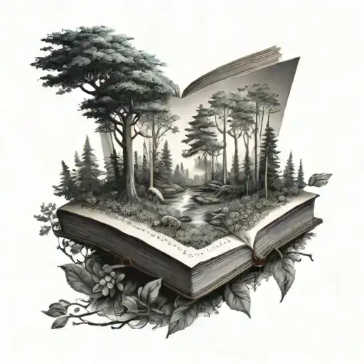 A Serene Forest Scene With A Hidden Book Nestled Among The Trees
