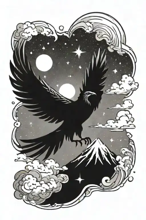 Create A Tattoo Design Featuring A Phoenix Flying Over A Mountain Range In Space