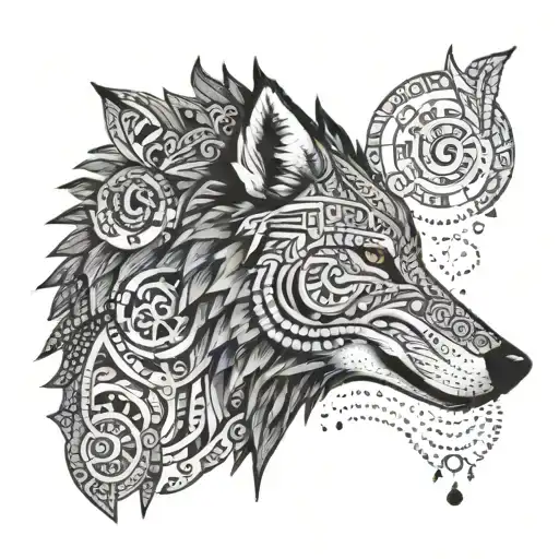 A Combination Of Mayan Calendar Glyphs And A Wolf Silhouette In Dotwork Style